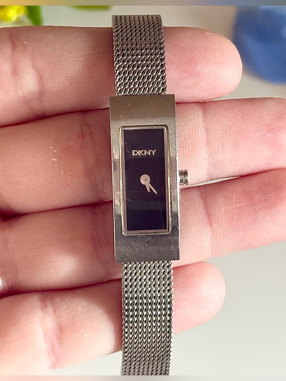 Vintage DKNY Slim Silver Mesh Bracelet Ladies Watch Sleek Black Rectangular Dial